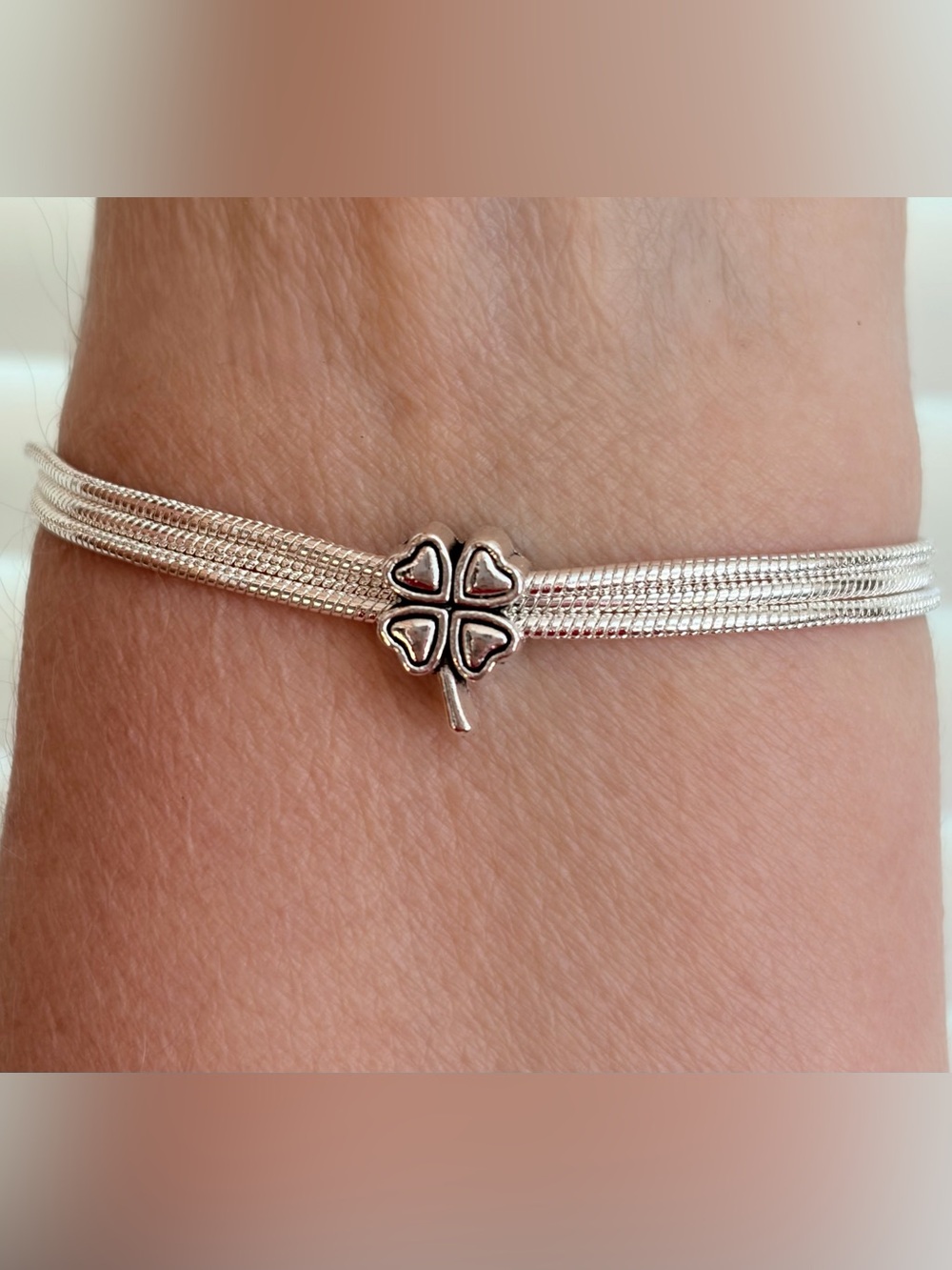 Lucky wrap Bracelet.Triple strand 925 sterling silver snake chain,clover.7.5”